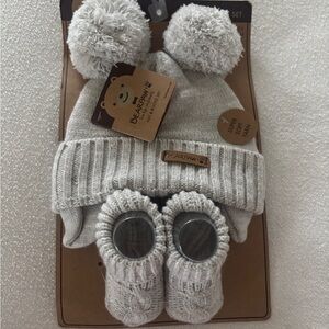 BearPaw Cream Kids Pom-Pom Hat and Booties Set
